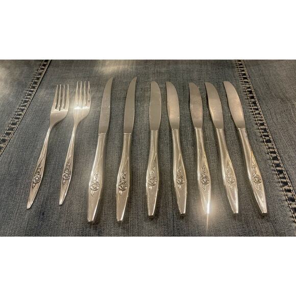 Oneida LASTING ROSE Dinner Steak Knives Forks Flatware Deluxe Stainless Lot 9 - Picture 2 of 4